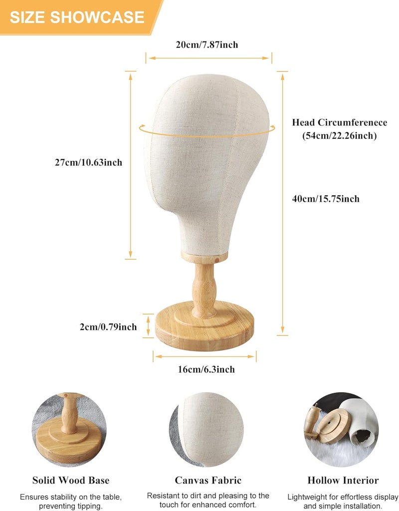 CHADWICK Wig Head Stand Mannequin Head Hat Display Stand Linen Wig Holder, Hat Rack Fabric Head, Canvas Dome + Detachable Wood Stand, Wig Display Model Head Wig Stand for Wigs, Hats, Caps, Headdress - Image 3